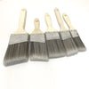 A set of five gray paint brushes with wooden handles and bristles for painting projects.