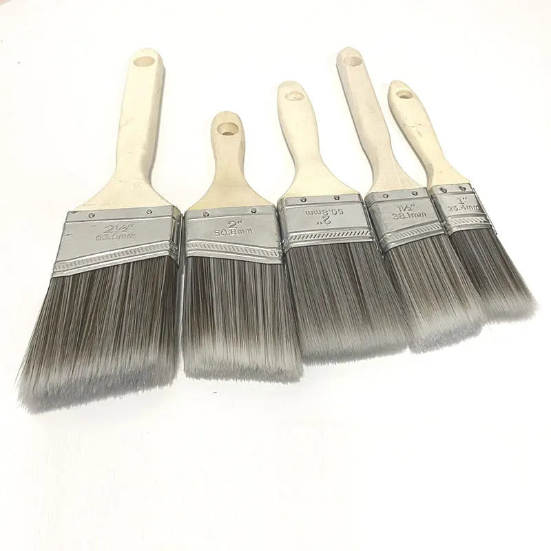 A set of five gray paint brushes with wooden handles and bristles for painting projects.
