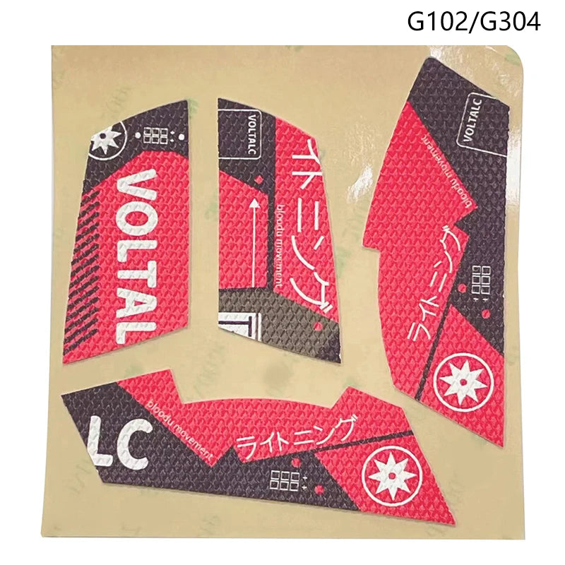 A sheet of anti-slip mouse grip tape featuring various patterns and text including VOLTALC and LC
