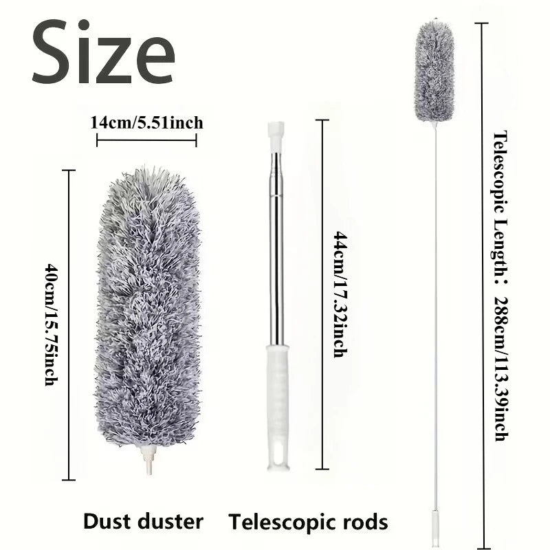 A gray electric duster shown next to its telescopic rods and a full view of the product.