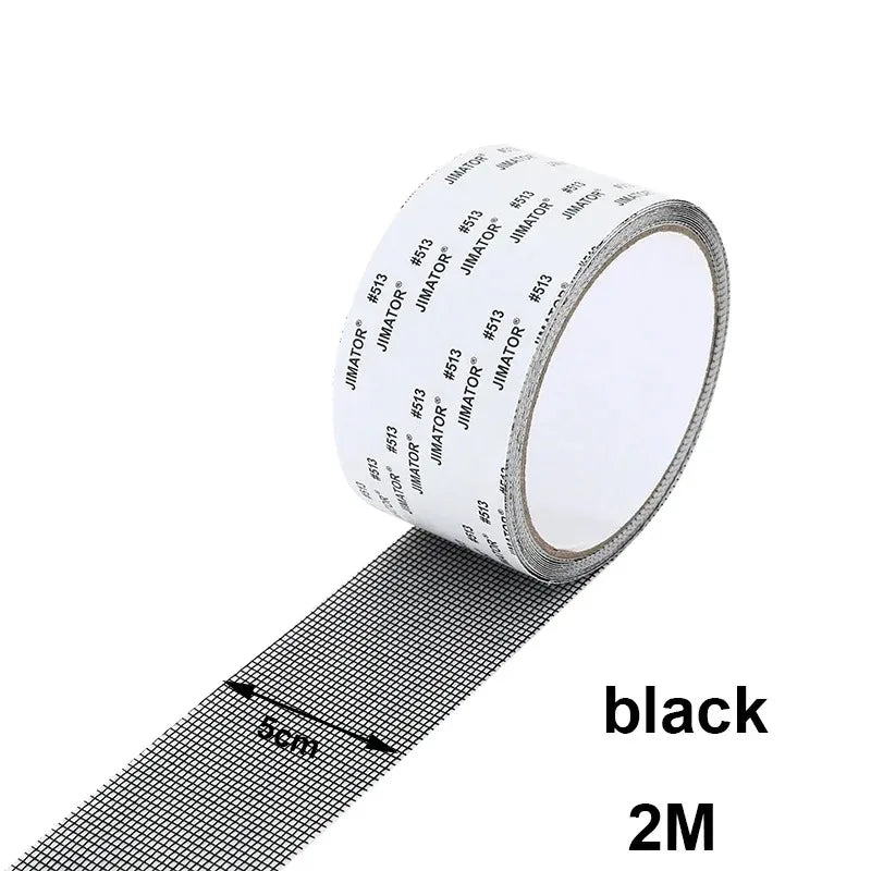 Roll of black self-adhesive fiberglass screen repair patches, 2 meters long.
