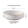 A white ceramic bowl with a gold rim, measuring 4.5 inches and holding about 300ml.