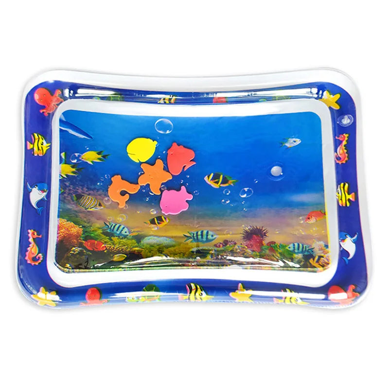 A clear inflatable baby water play mat filled with colorful floating toys and an underwater scene.