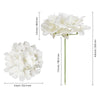 A cluster of white silk hydrangea flowers on a green stem, shown from the side and top view.