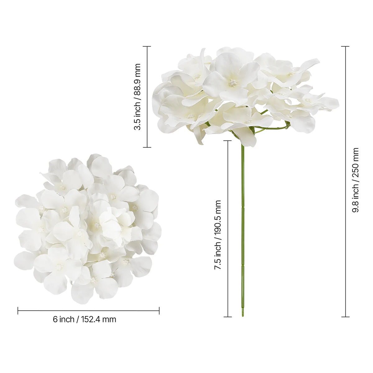A cluster of white silk hydrangea flowers on a green stem, shown from the side and top view.