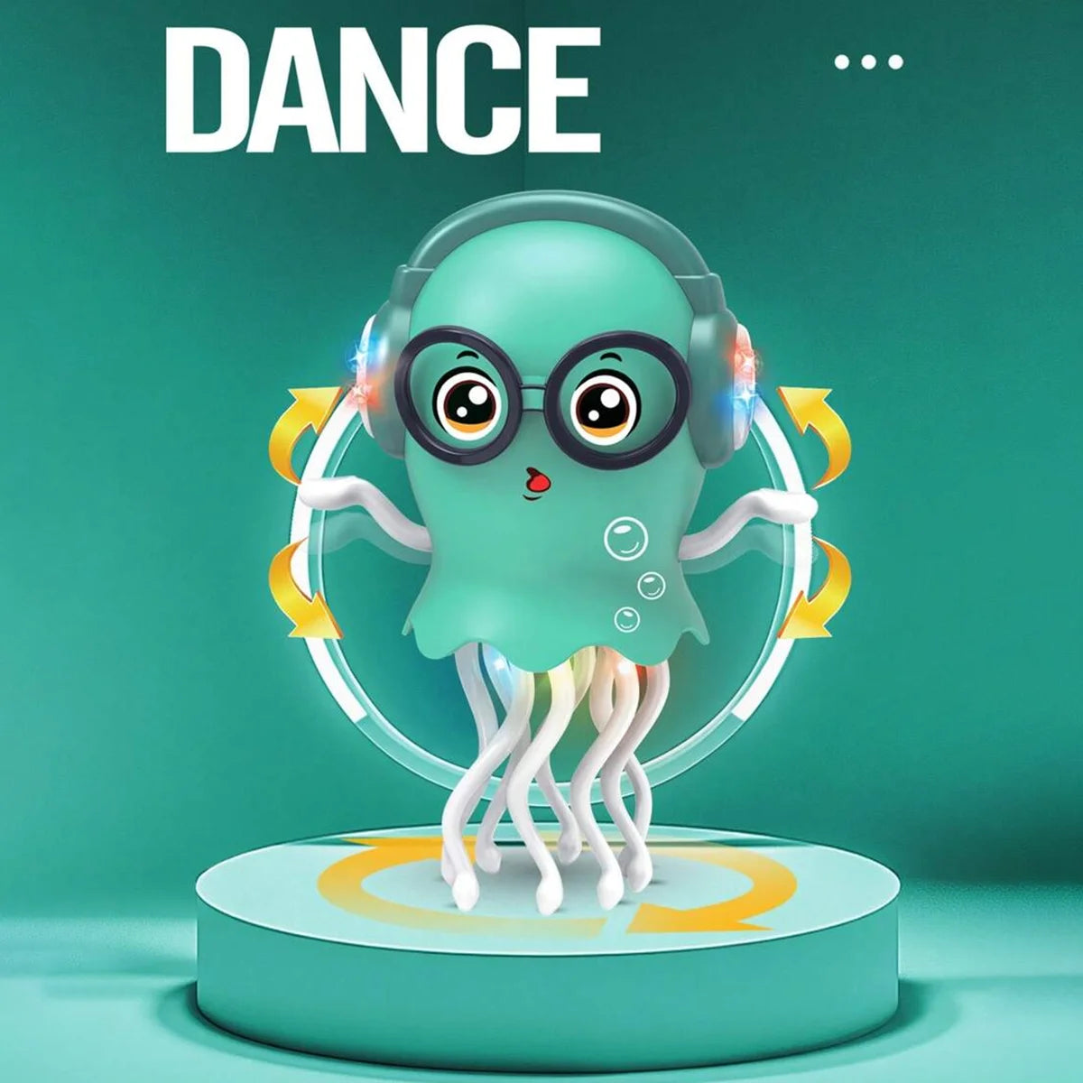 A green, interactive jellyfish toy with large eyes and tentacles is displayed on a light blue pedestal.
