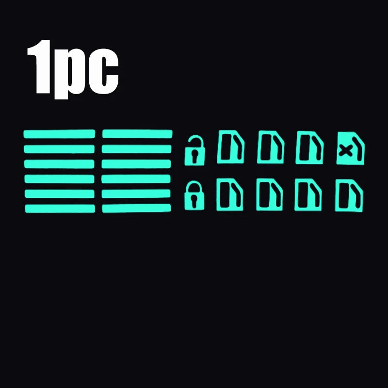 A set of glow-in-the-dark car window switch stickers, including various lock and unlock symbols.