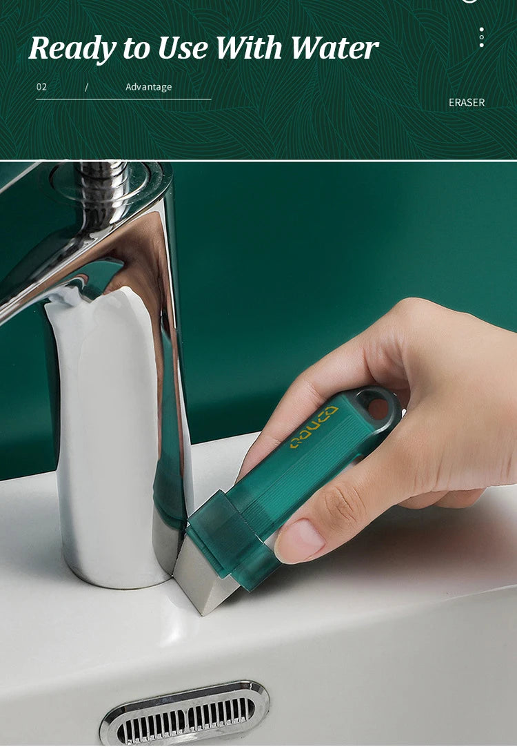 A hand is using a teal eraser to clean limescale from a chrome faucet.