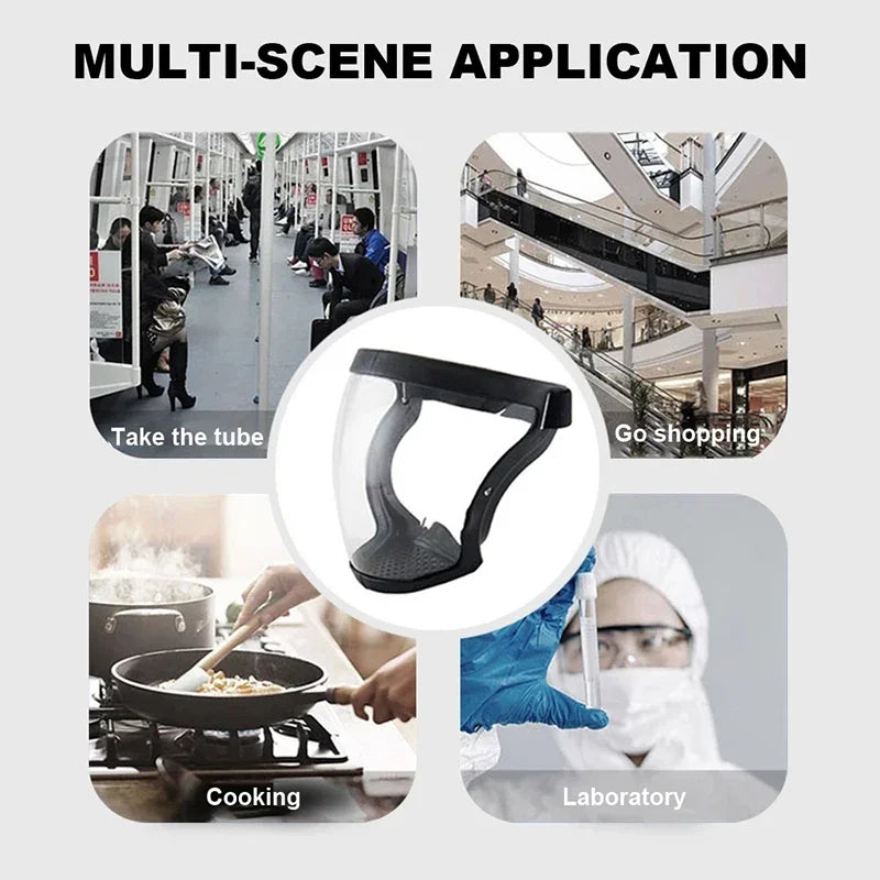 Multi-scene application showing a clear protective face mask used for commuting, shopping, cooking, and laboratory work.