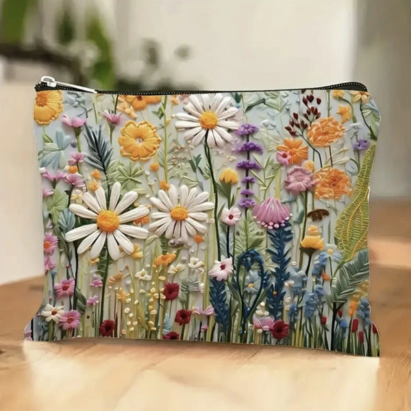 Floral Print Canvas Makeup Bag with Double-Sided Design