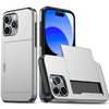 A silver slim protective phone case with a hidden card holder shown in two views.