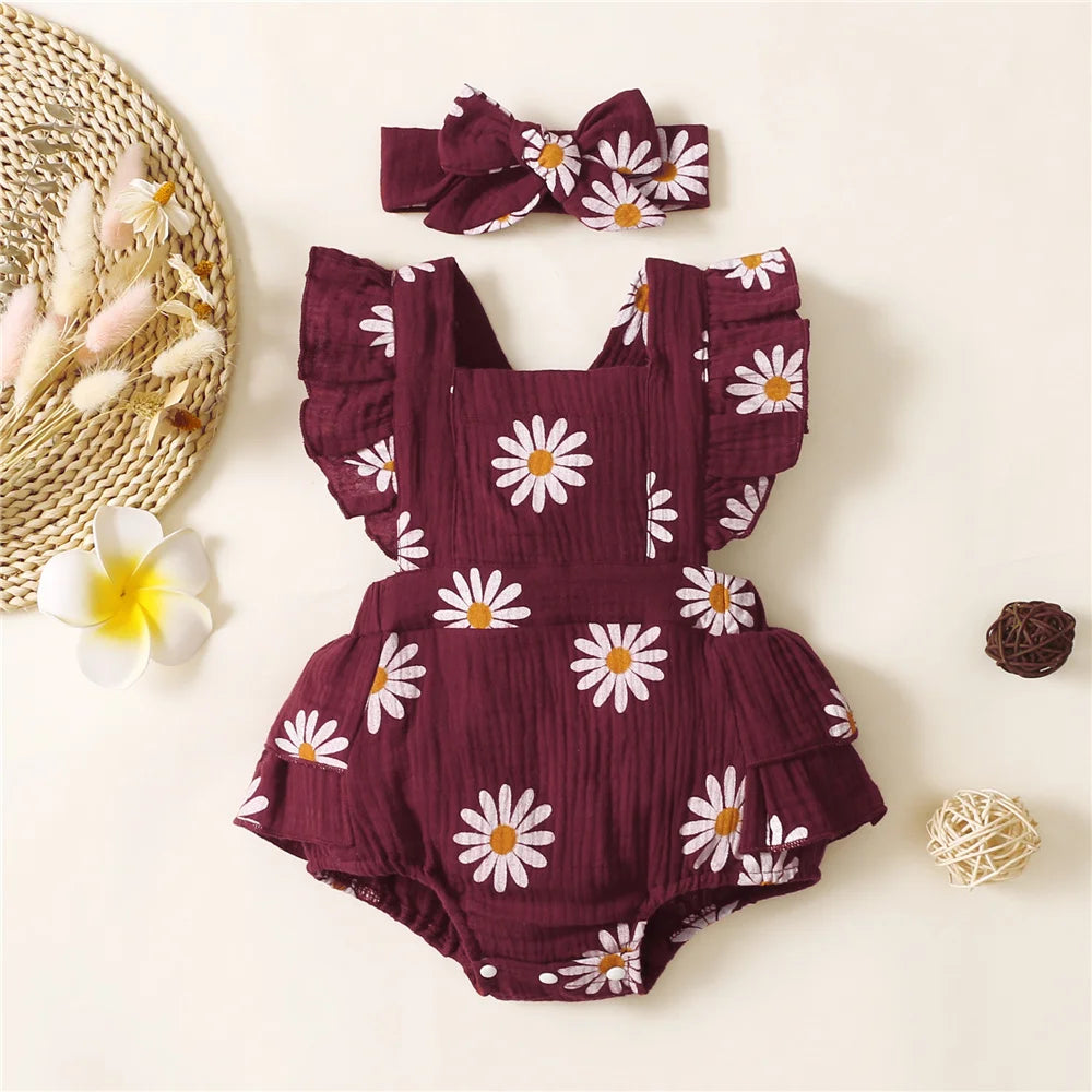 Baby Girl Sleeveless Floral Romper with Headband