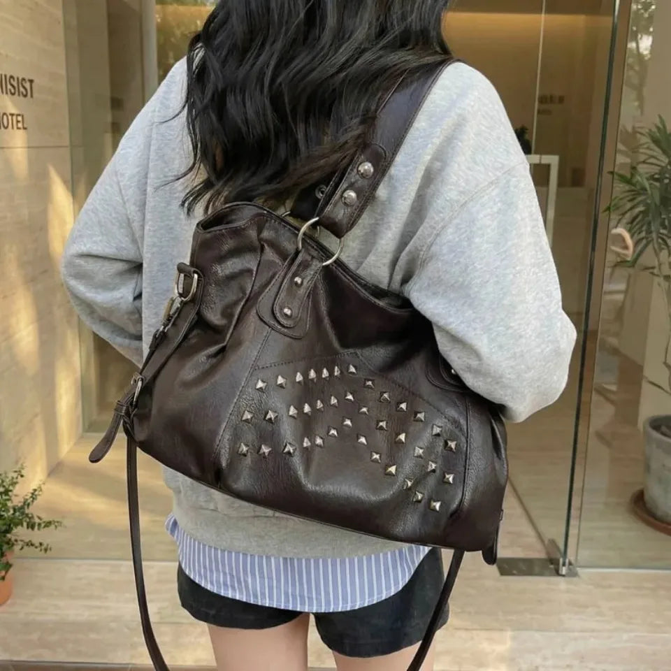 Rivet Punk Large Capacity Tote Bag with Adjustable Crossbody Strap