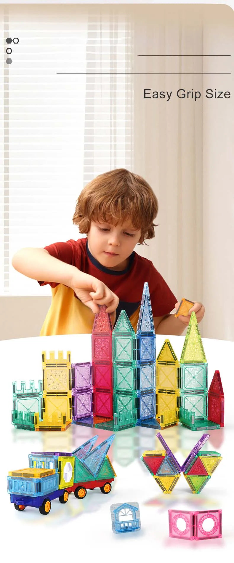 A set of colorful magnetic building tiles for kids, including towers, structures, and vehicles.