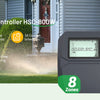 A gray HiZao smart sprinkler controller device is shown outdoors with a sprinkler spraying, next to icons detailing its featu