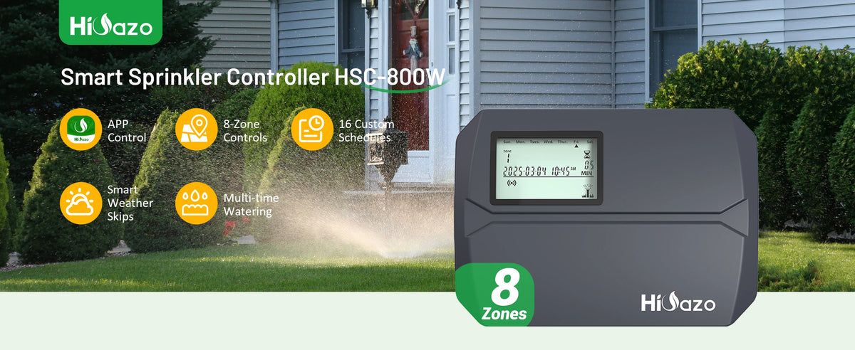 A gray HiZao smart sprinkler controller device is shown outdoors with a sprinkler spraying, next to icons detailing its featu