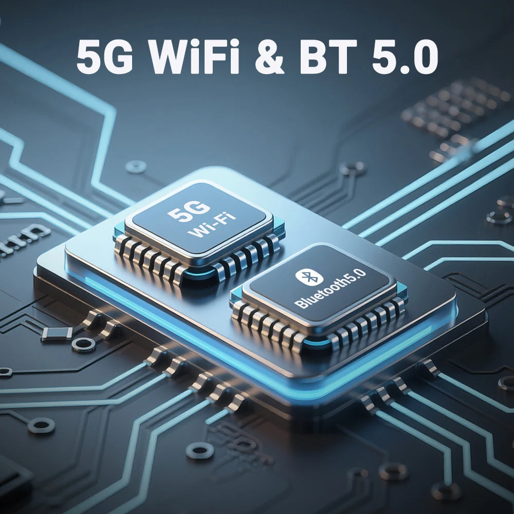 A close-up view of a circuit board featuring 5G WiFi and Bluetooth 5.0 modules on a small adapter device.