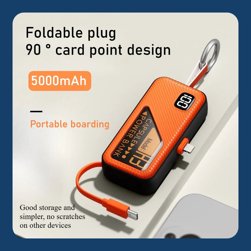 Compact 5000mAh Power Bank with Built-in USB-C Cable