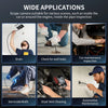 A collection of images showing the wide applications of a USB-C inspection camera for drain, leak detection, and automotive m