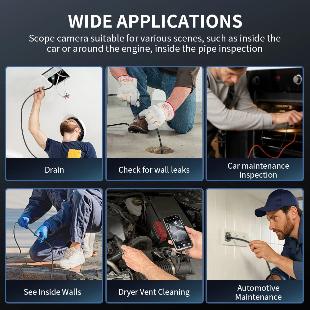 A collection of images showing the wide applications of a USB-C inspection camera for drain, leak detection, and automotive m