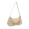A beige straw beach shoulder bag with delicate ocean shell charms.