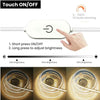 A hand is shown pressing a touch sensor on a white LED strip light to turn it on or off, with brightness levels displayed bel
