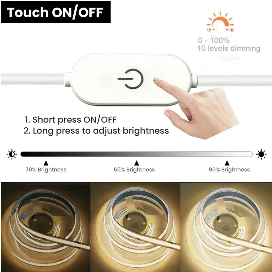 A hand is shown pressing a touch sensor on a white LED strip light to turn it on or off, with brightness levels displayed bel