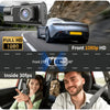 A 3-channel dash cam is shown with a front view of a car, an interior shot of two people, and a rear view.