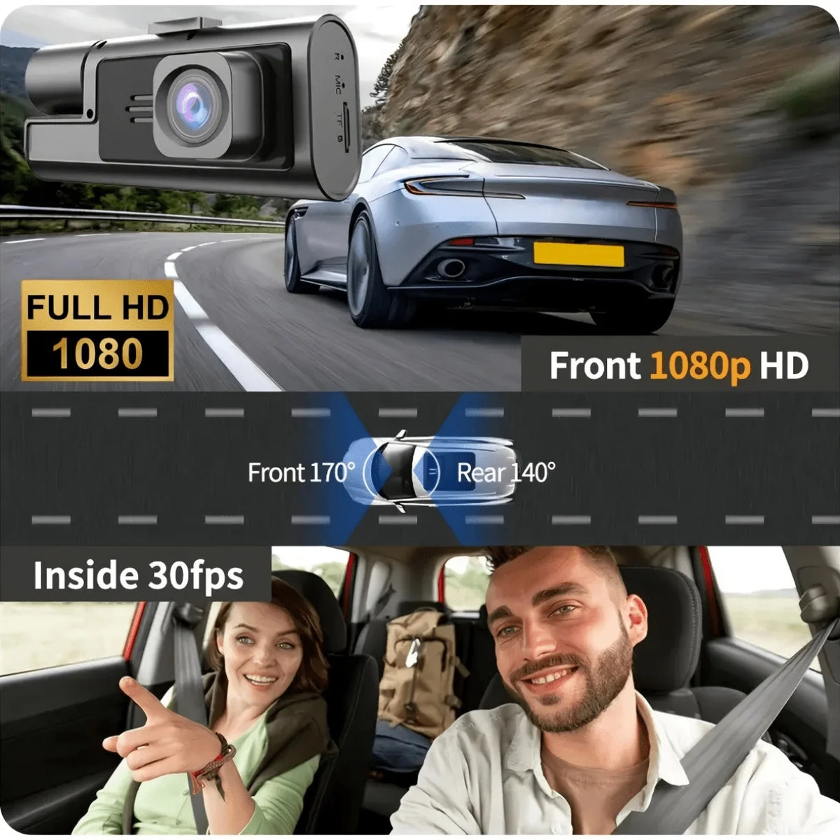 A 3-channel dash cam is shown with a front view of a car, an interior shot of two people, and a rear view.
