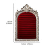 An arched resin jewelry display stand with a hand-painted floral design featuring a deep red velvet lining and silver frame.