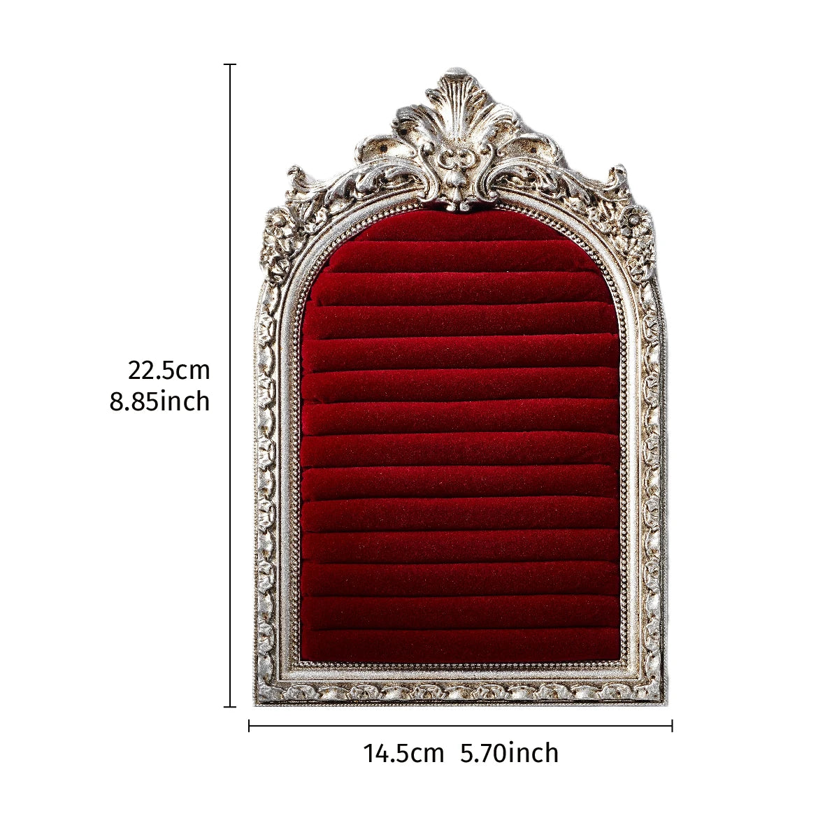 An arched resin jewelry display stand with a hand-painted floral design featuring a deep red velvet lining and silver frame.