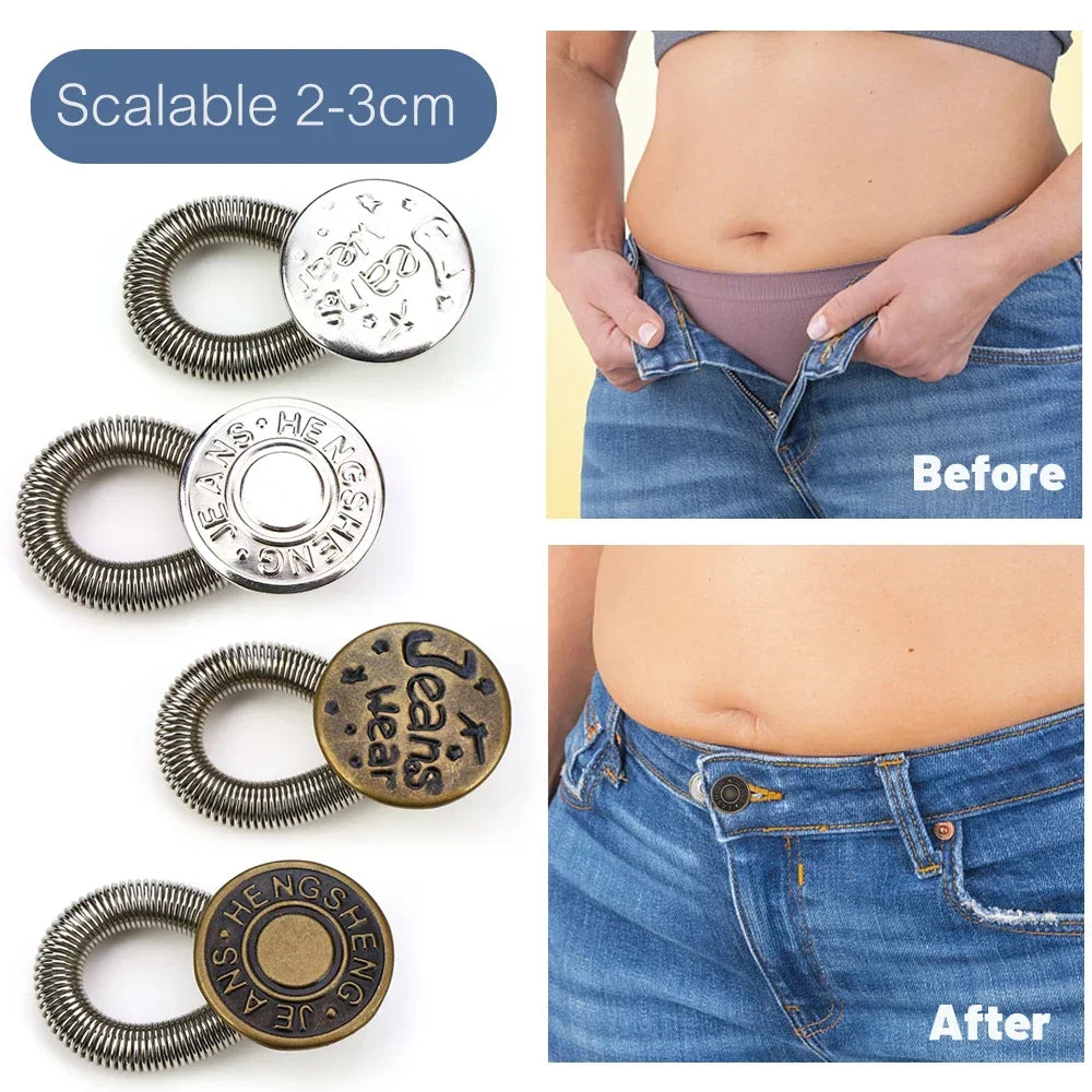 Set of scalable metal extender buttons for jeans and trousers shown before and after use.