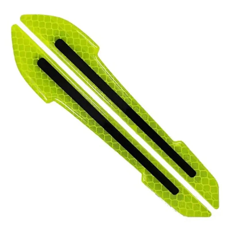 Bright lime green reflective glow-in-the-dark bumper strips designed for car mirrors.