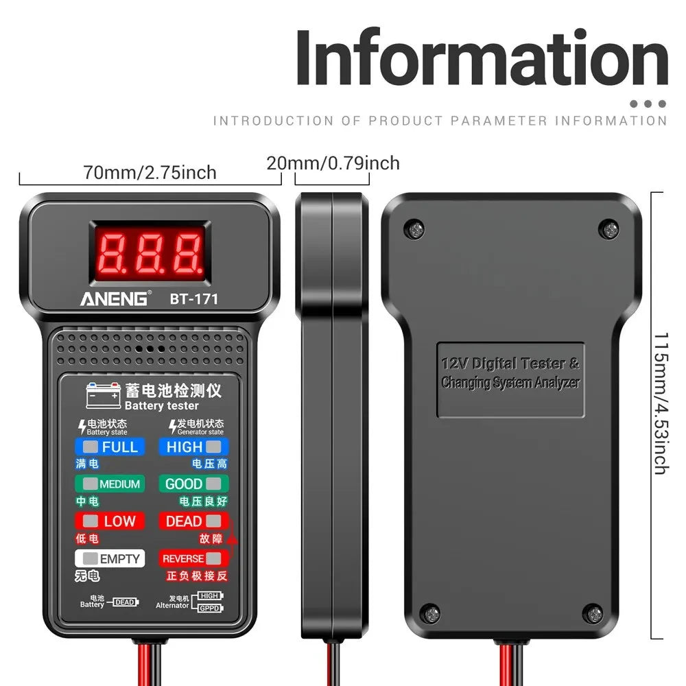 12V Car Battery Tester with LED Display and Reverse Connection Alarm