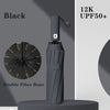 A black automatic compact folding umbrella with a double fiber bone is shown against a gray background.