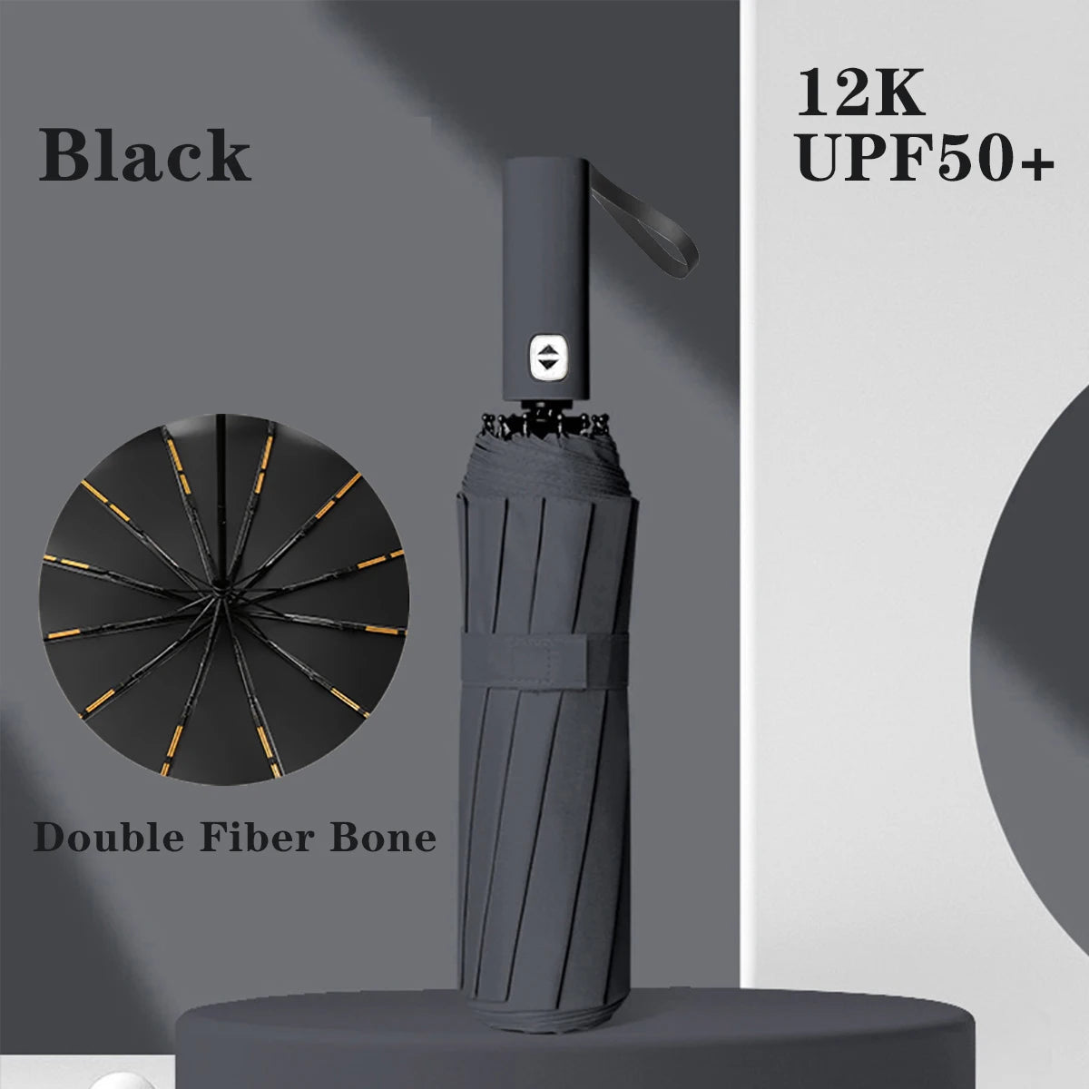 A black automatic compact folding umbrella with a double fiber bone is shown against a gray background.