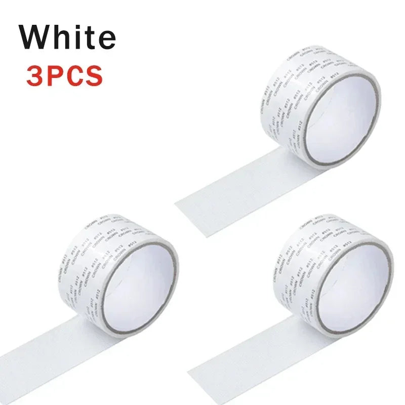 Three rolls of white self-adhesive fiberglass screen repair tape shown in various angles.