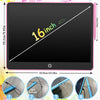 A pink LCD writing tablet showing various angles and components including the screen, stylus, and battery switch.