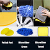 A set of yellow polish pads, a blue microfiber glove, and a yellow microfiber towel for car cleaning.