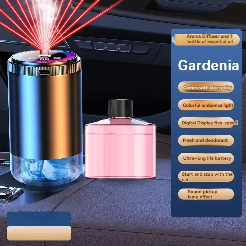 A rechargeable car aroma diffuser with a pink bottle and starry sky ambient light display.