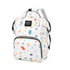 A white and colorful patterned waterproof diaper bag backpack with black straps and storage pockets.