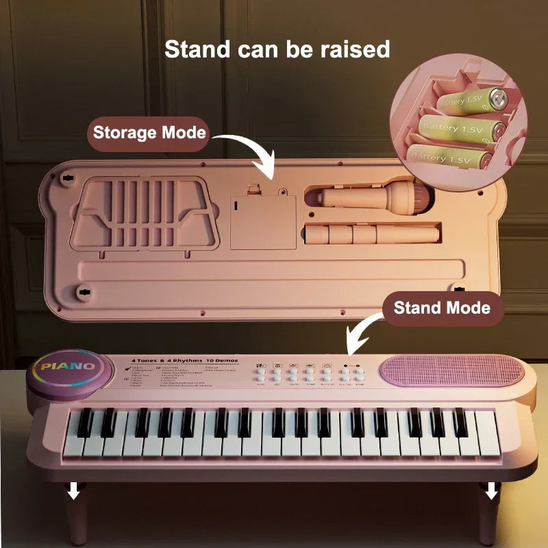 A pink electronic keyboard piano with a microphone, showing storage and stand modes.