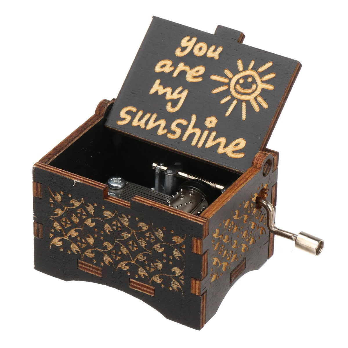 A vintage hand-cranked wooden music box with a lid displaying the text you are my sunshine.