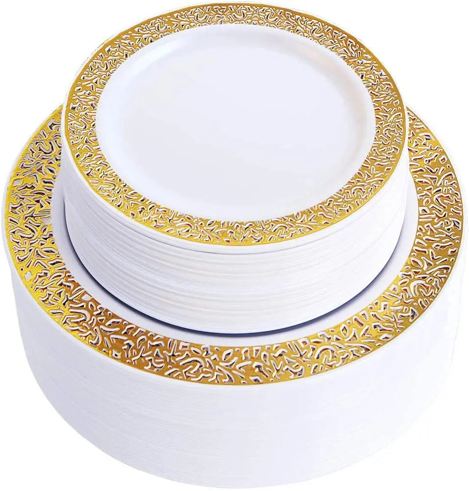 Elegant White Disposable Dinner Plates with Silver Lace Design