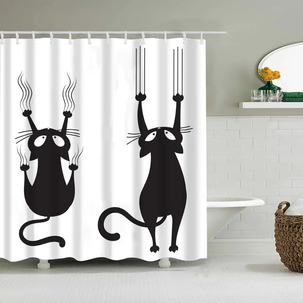 A black cartoon cat with curled whiskers and tail is printed on a white shower curtain.