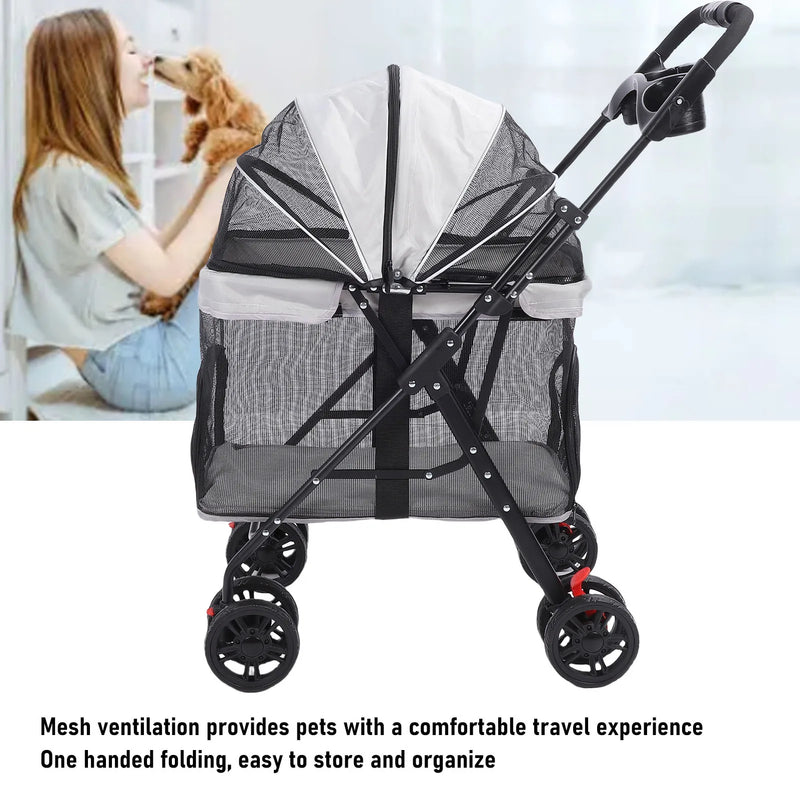 Foldable Pet Stroller with Panoramic Window & Sun Shade
