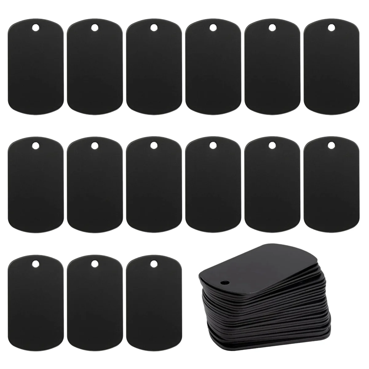 A set of fifty black oval dog tags for DIY engraving, arranged in rows and stacked.