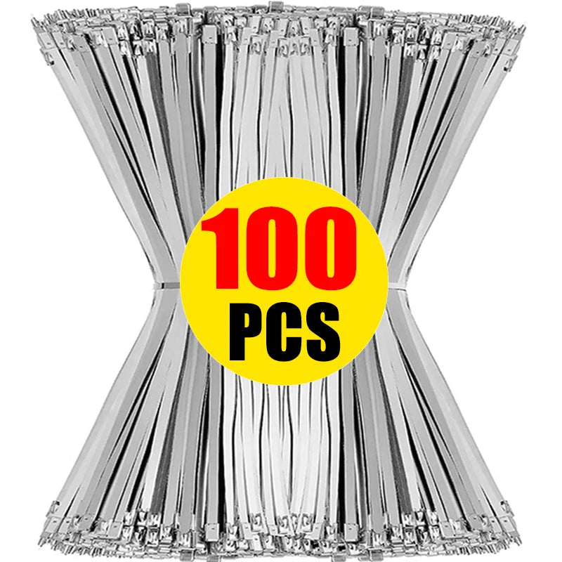 A bundle of 100 heavy-duty stainless steel cable ties for secure fastening.