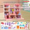 A pink 4-floor dollhouse with accessories and dolls, featuring 14 rooms and 267 pieces.