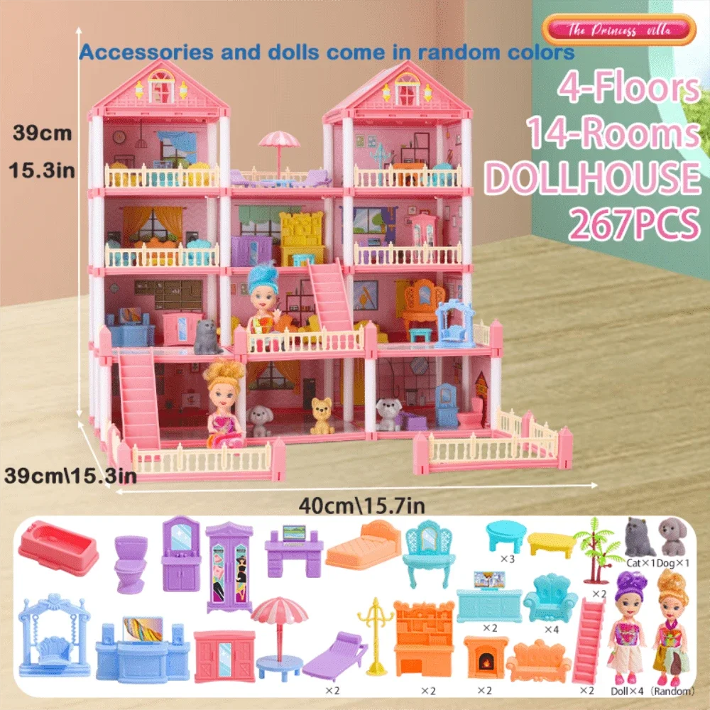 A pink 4-floor dollhouse with accessories and dolls, featuring 14 rooms and 267 pieces.